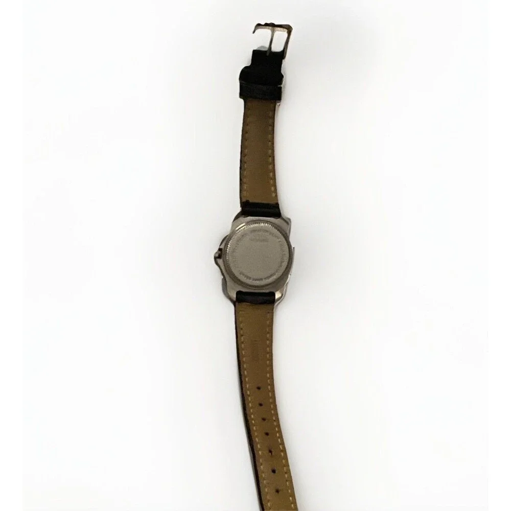 Vtg Ladies 90s Swiss Army White Dial Black Leather Quartz Watch Swiss Alps Logo